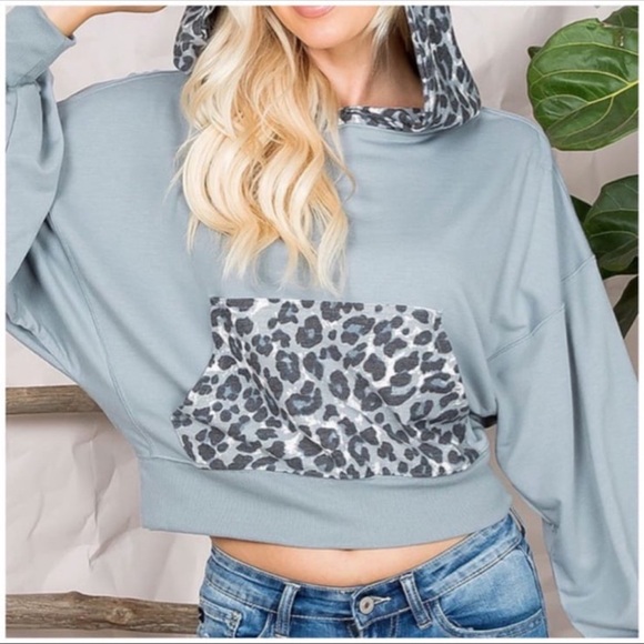 New French Terry Drop Shoulder Reverse Leopard Gray Hoodie - Picture 2 of 6